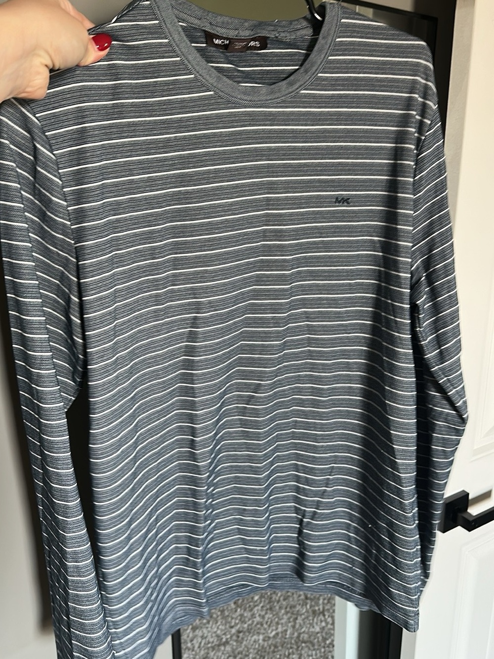 Michael Kors Striped Long-Sleeve Crewneck Shirt - Gray/White